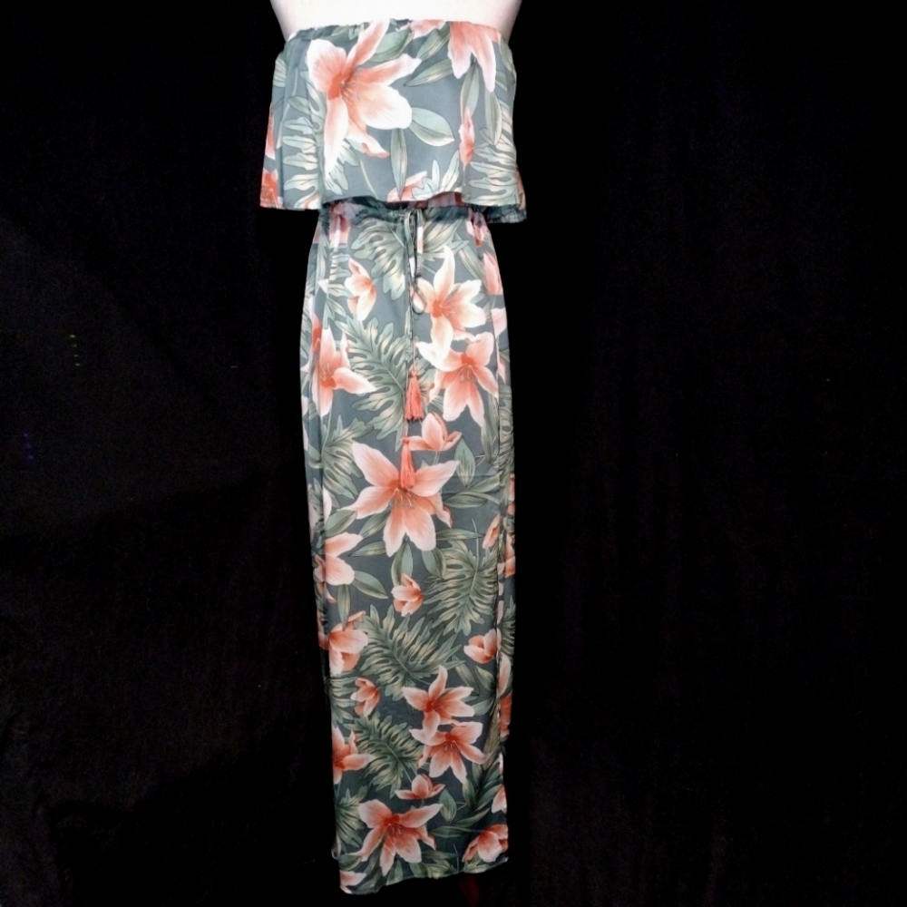 NWT Aakaa Strapless Floral Maxi Dress, Ruffle Chest, Drawstring, 2 Slits, Size S